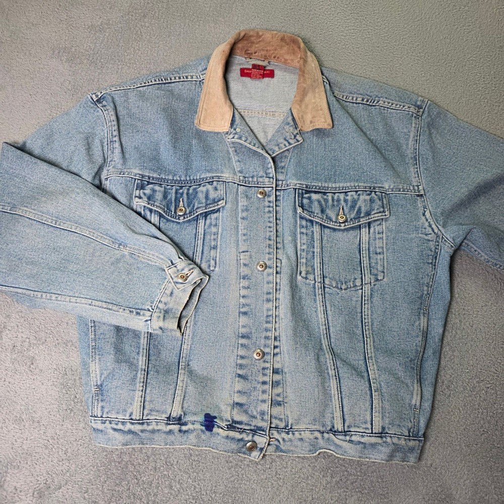 Banana Republic Mens XL Denim Jacket Light Blue Leather Collar Vintage Trucker